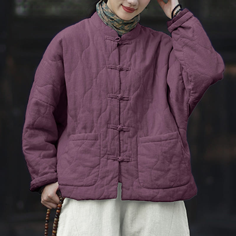 Nimara Ritual Winter Curved Lines Frog-Button Ramie Cotton Long Sleeve Women's Thermal Jacket With Pockets