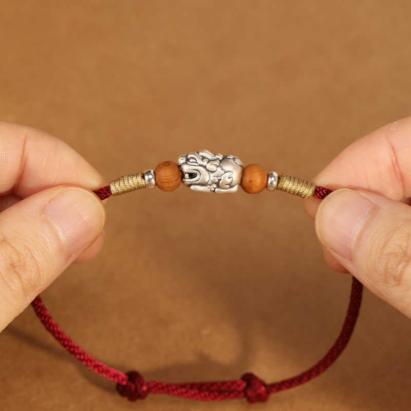 Nimara Ritual 999 Sterling Silver Pixiu Charm Peach Wood Bead Handmade String Braided Luck Bracelet Anklet