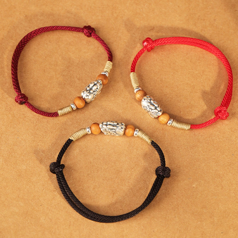 Nimara Ritual 999 Sterling Silver Pixiu Charm Peach Wood Bead Handmade String Braided Luck Bracelet Anklet