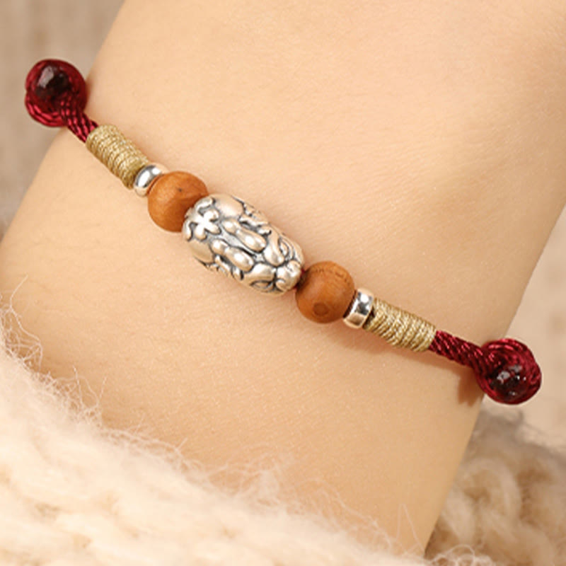 Nimara Ritual 999 Sterling Silver Pixiu Charm Peach Wood Bead Handmade String Braided Luck Bracelet Anklet