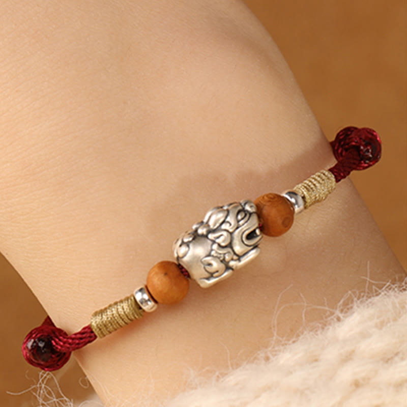 Nimara Ritual 999 Sterling Silver Pixiu Charm Peach Wood Bead Handmade String Braided Luck Bracelet Anklet