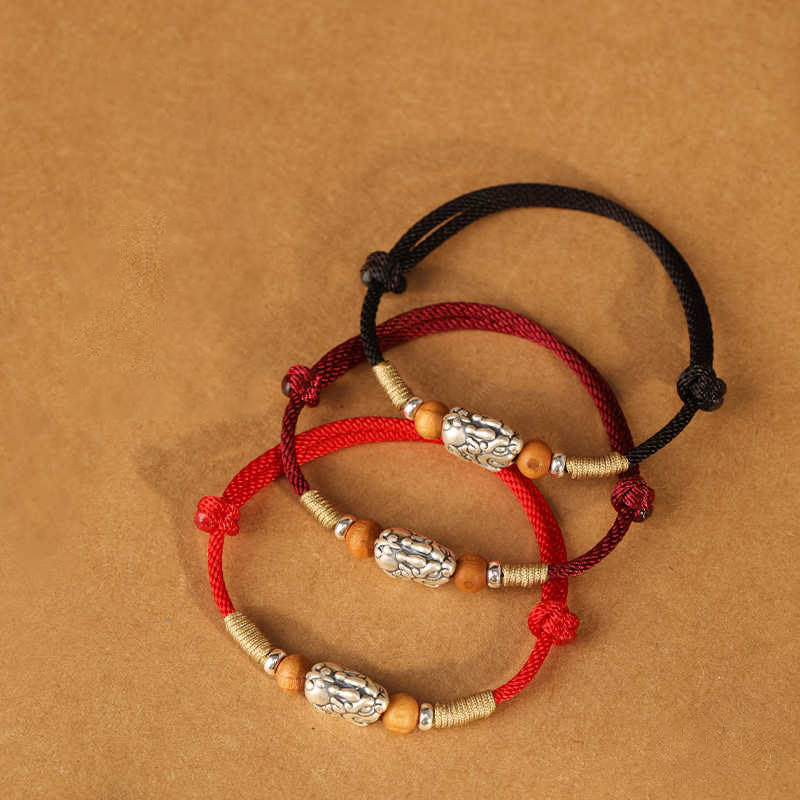 Nimara Ritual 999 Sterling Silver Pixiu Charm Peach Wood Bead Handmade String Braided Luck Bracelet Anklet