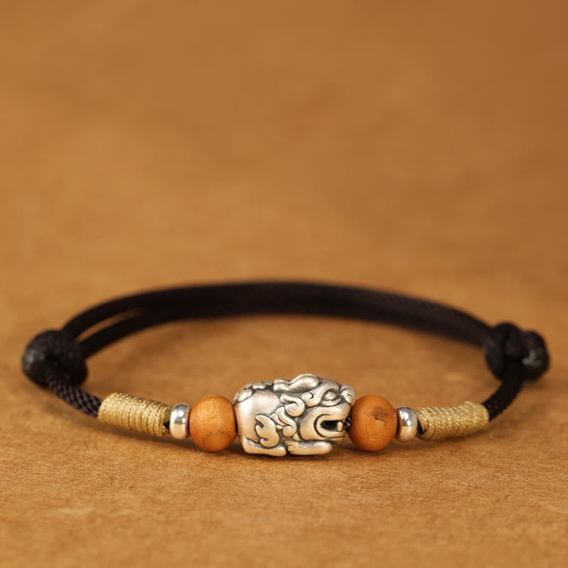 Nimara Ritual 999 Sterling Silver Pixiu Charm Peach Wood Bead Handmade String Braided Luck Bracelet Anklet