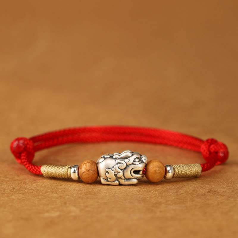 Nimara Ritual 999 Sterling Silver Pixiu Charm Peach Wood Bead Handmade String Braided Luck Bracelet Anklet