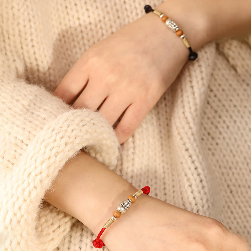 Nimara Ritual 999 Sterling Silver Pixiu Charm Peach Wood Bead Handmade String Braided Luck Bracelet Anklet