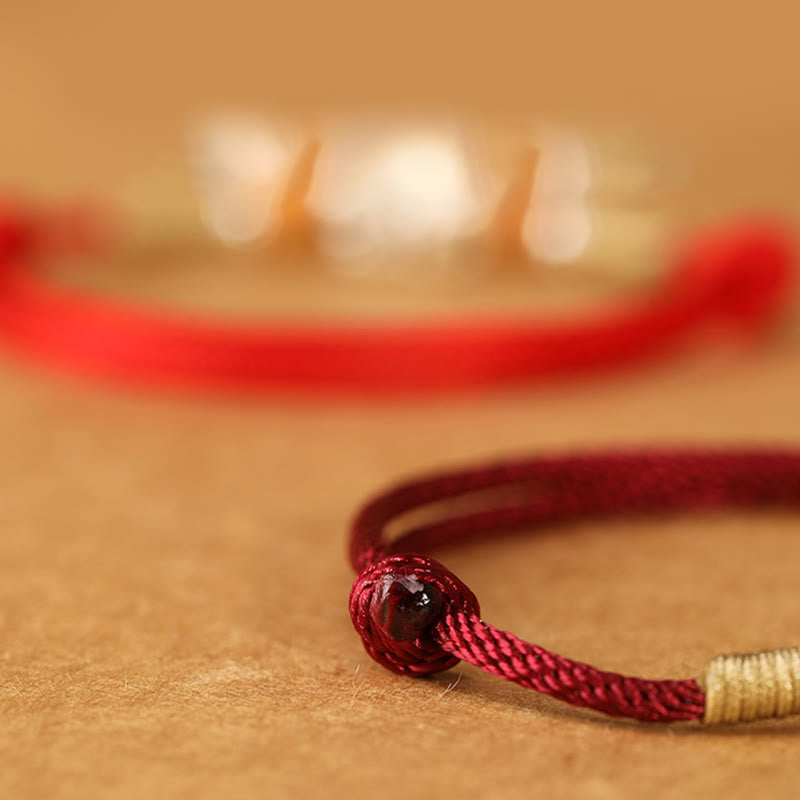 Nimara Ritual 999 Sterling Silver Pixiu Charm Peach Wood Bead Handmade String Braided Luck Bracelet Anklet