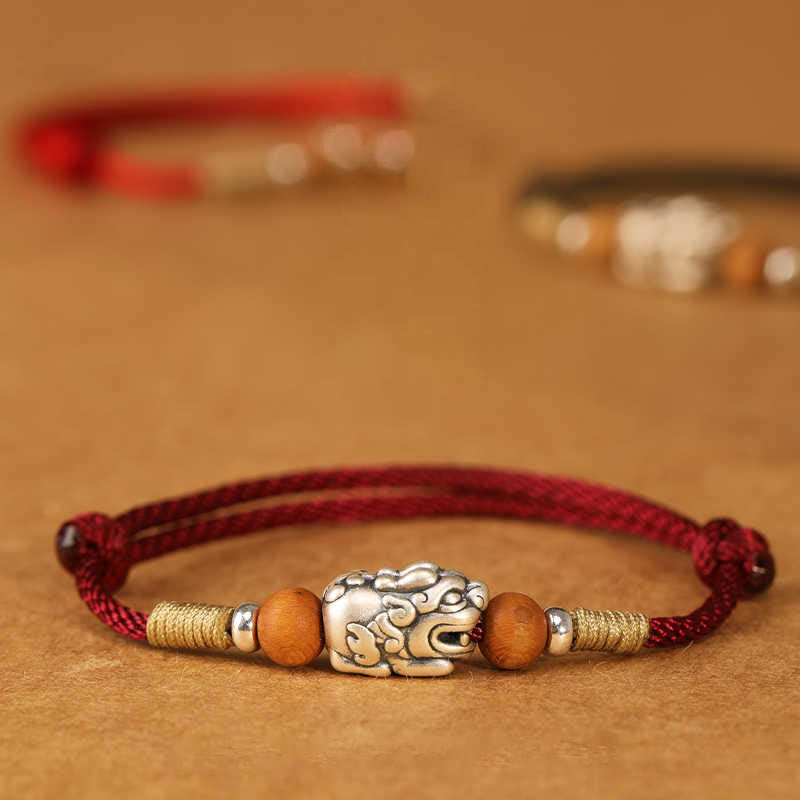 Nimara Ritual 999 Sterling Silver Pixiu Charm Peach Wood Bead Handmade String Braided Luck Bracelet Anklet