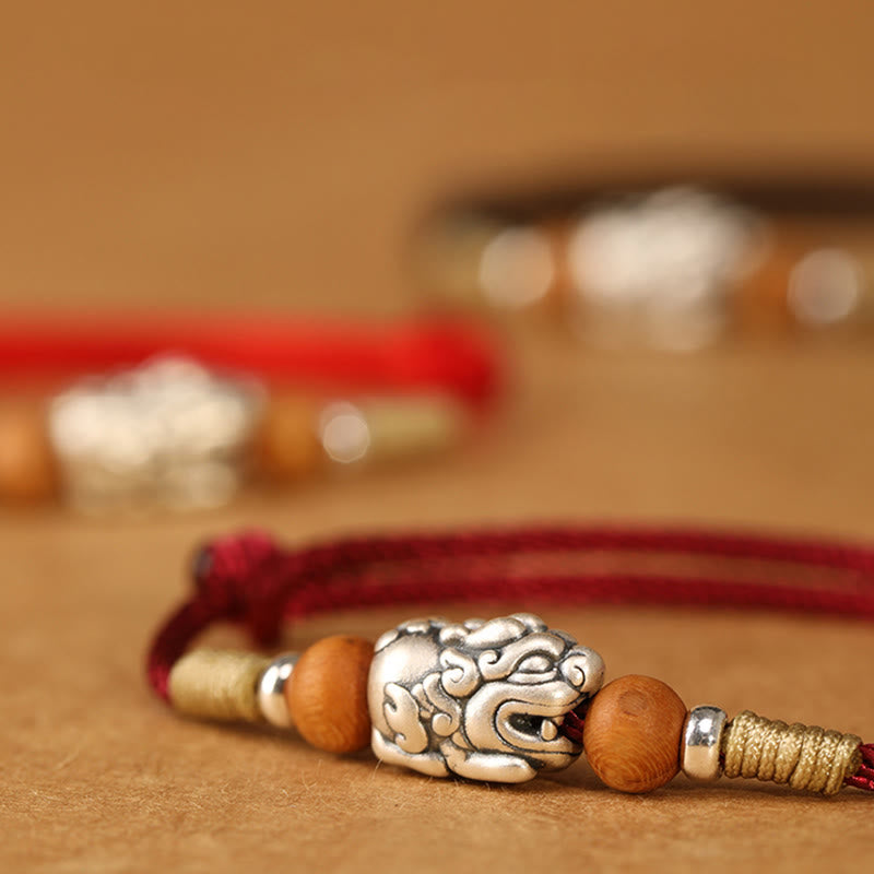Nimara Ritual 999 Sterling Silver Pixiu Charm Peach Wood Bead Handmade String Braided Luck Bracelet Anklet