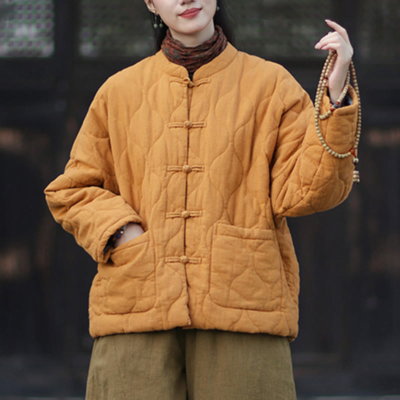 Nimara Ritual Winter Curved Lines Frog-Button Ramie Cotton Long Sleeve Women's Thermal Jacket With Pockets