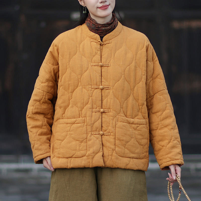 Nimara Ritual Winter Curved Lines Frog-Button Ramie Cotton Long Sleeve Women's Thermal Jacket With Pockets