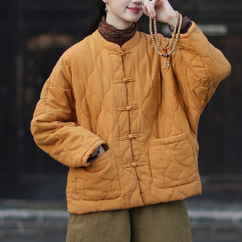 Nimara Ritual Winter Curved Lines Frog-Button Ramie Cotton Long Sleeve Women's Thermal Jacket With Pockets