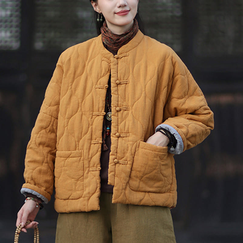 Nimara Ritual Winter Curved Lines Frog-Button Ramie Cotton Long Sleeve Women's Thermal Jacket With Pockets