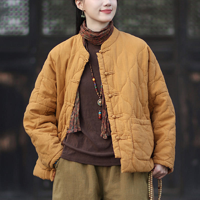Nimara Ritual Winter Curved Lines Frog-Button Ramie Cotton Long Sleeve Women's Thermal Jacket With Pockets