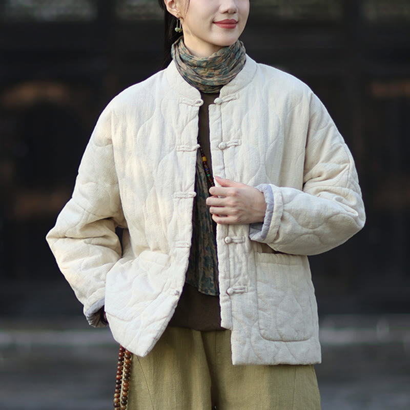 Nimara Ritual Winter Curved Lines Frog-Button Ramie Cotton Long Sleeve Women's Thermal Jacket With Pockets