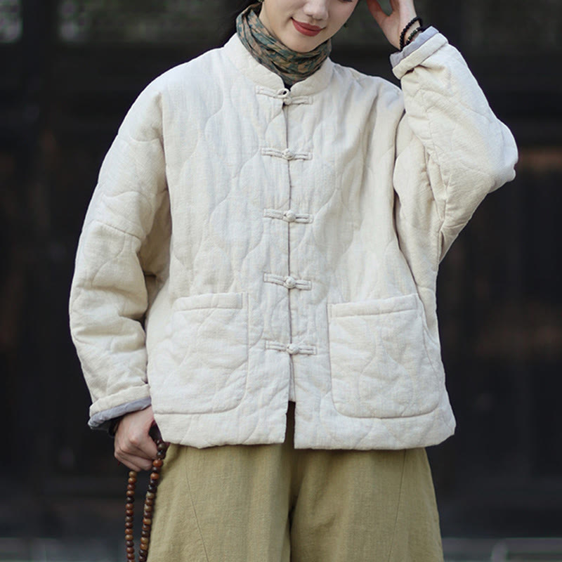Nimara Ritual Winter Curved Lines Frog-Button Ramie Cotton Long Sleeve Women's Thermal Jacket With Pockets