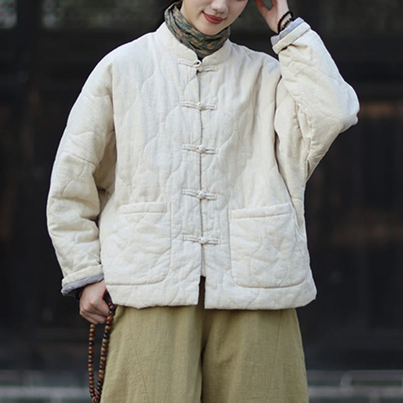 Nimara Ritual Winter Curved Lines Frog-Button Ramie Cotton Long Sleeve Women's Thermal Jacket With Pockets