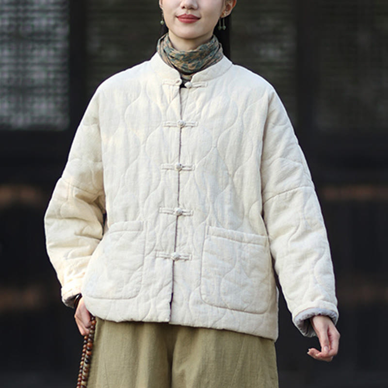 Nimara Ritual Winter Curved Lines Frog-Button Ramie Cotton Long Sleeve Women's Thermal Jacket With Pockets