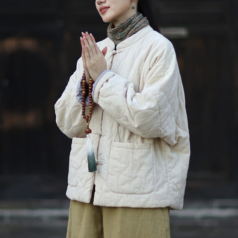 Nimara Ritual Winter Curved Lines Frog-Button Ramie Cotton Long Sleeve Women's Thermal Jacket With Pockets
