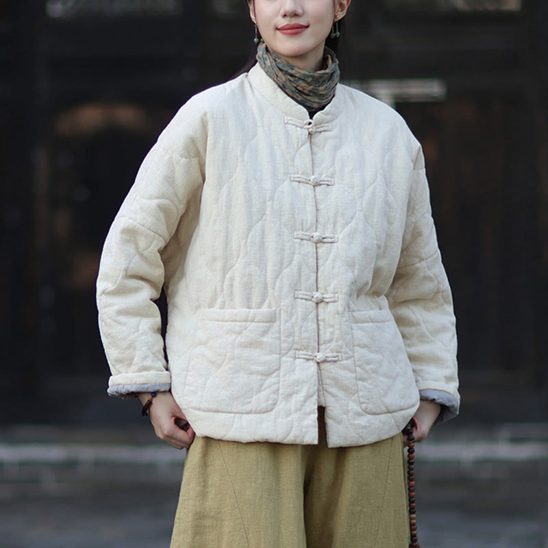 Nimara Ritual Winter Curved Lines Frog-Button Ramie Cotton Long Sleeve Women's Thermal Jacket With Pockets