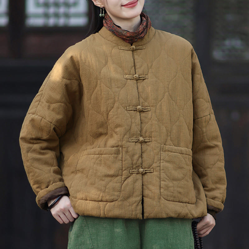 Nimara Ritual Winter Curved Lines Frog-Button Ramie Cotton Long Sleeve Women's Thermal Jacket With Pockets