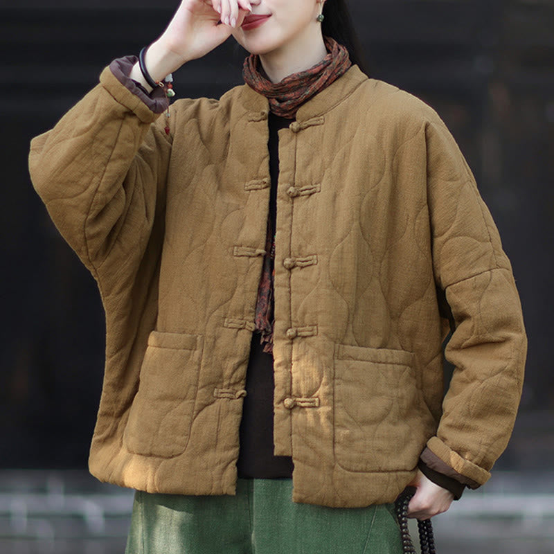 Nimara Ritual Winter Curved Lines Frog-Button Ramie Cotton Long Sleeve Women's Thermal Jacket With Pockets