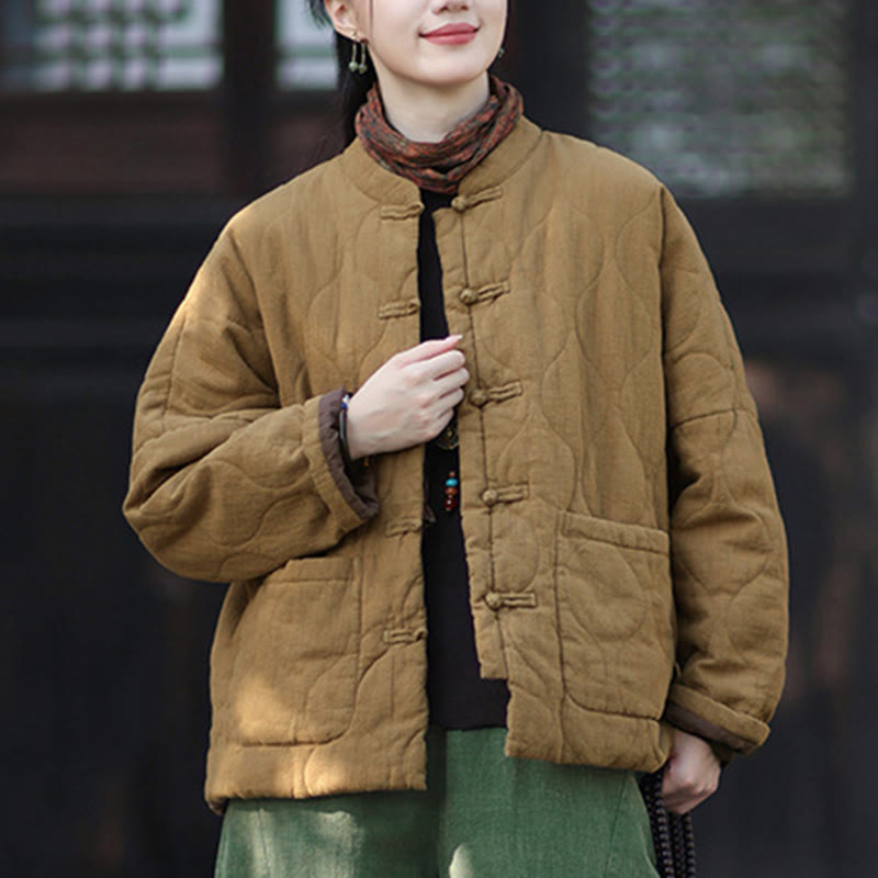 Nimara Ritual Winter Curved Lines Frog-Button Ramie Cotton Long Sleeve Women's Thermal Jacket With Pockets