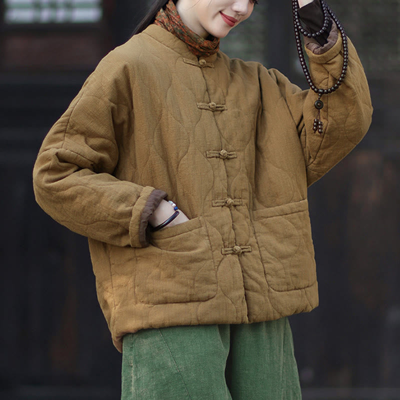Nimara Ritual Winter Curved Lines Frog-Button Ramie Cotton Long Sleeve Women's Thermal Jacket With Pockets