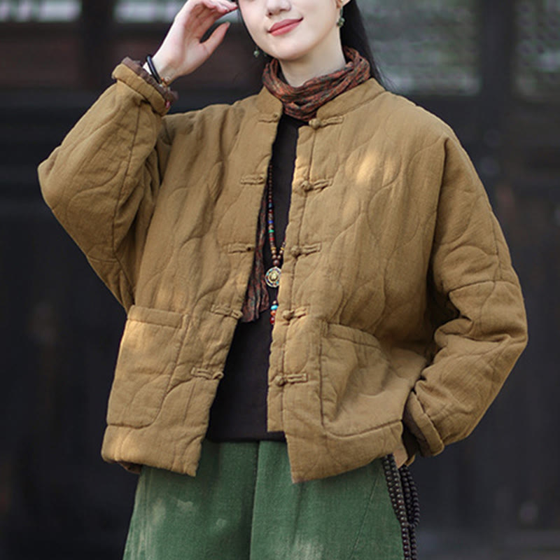 Nimara Ritual Winter Curved Lines Frog-Button Ramie Cotton Long Sleeve Women's Thermal Jacket With Pockets