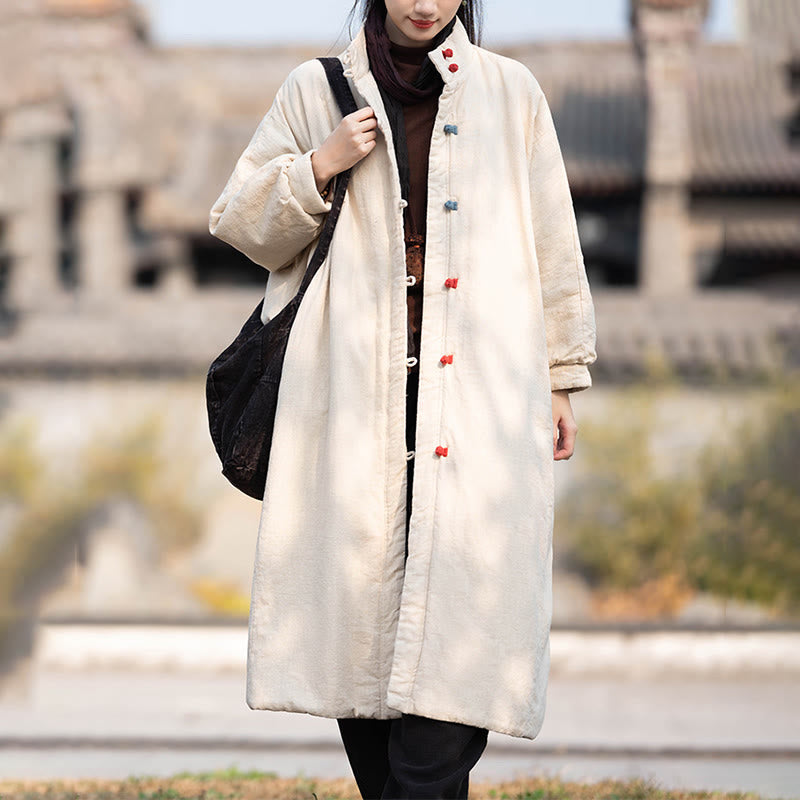 Nimara Ritual Winter Solid Frog-Button Ramie Cotton Women's Long Sleeve Thermal Coat With Pockets