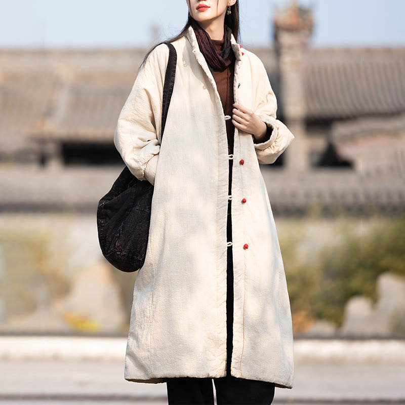 Nimara Ritual Winter Solid Frog-Button Ramie Cotton Women's Long Sleeve Thermal Coat With Pockets