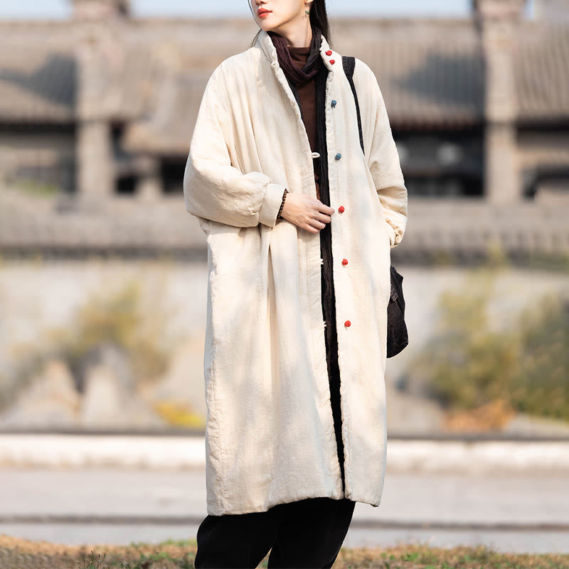 Nimara Ritual Winter Solid Frog-Button Ramie Cotton Women's Long Sleeve Thermal Coat With Pockets