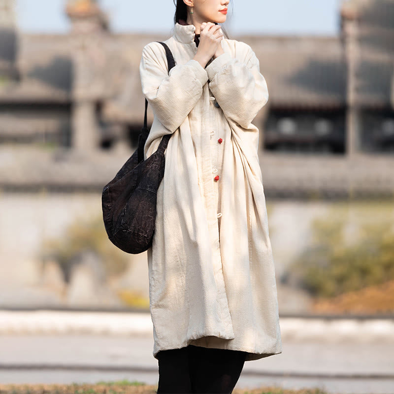 Nimara Ritual Winter Solid Frog-Button Ramie Cotton Women's Long Sleeve Thermal Coat With Pockets
