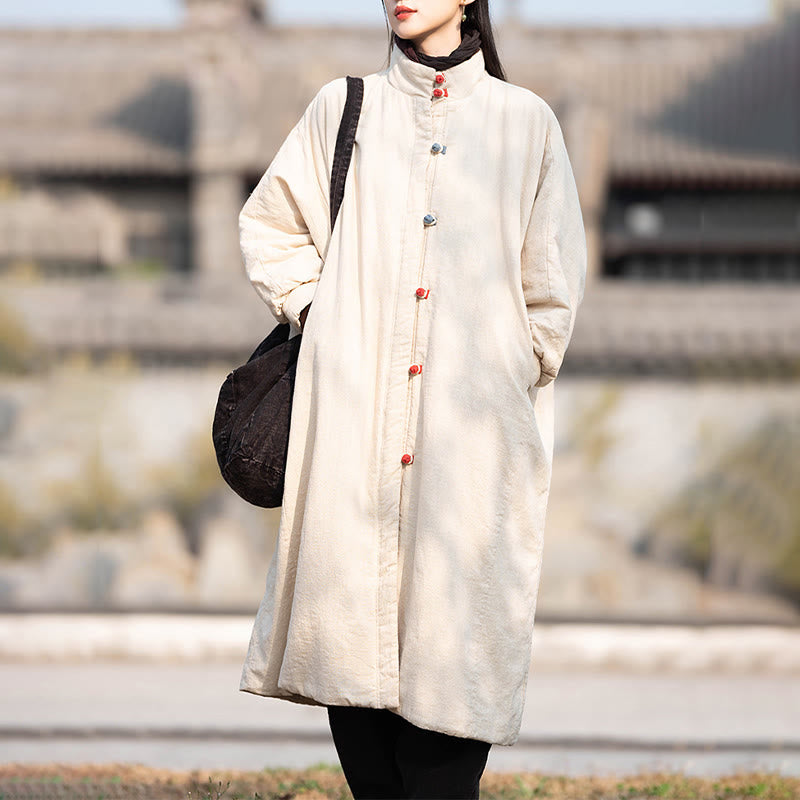 Nimara Ritual Winter Solid Frog-Button Ramie Cotton Women's Long Sleeve Thermal Coat With Pockets