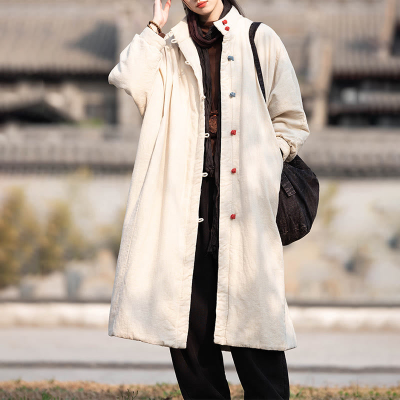 Nimara Ritual Winter Solid Frog-Button Ramie Cotton Women's Long Sleeve Thermal Coat With Pockets