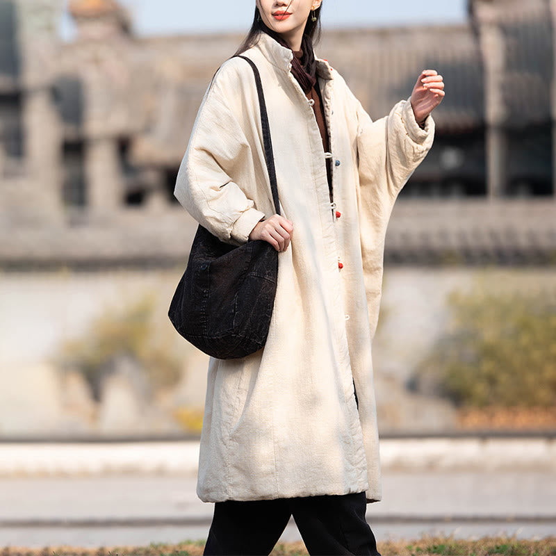 Nimara Ritual Winter Solid Frog-Button Ramie Cotton Women's Long Sleeve Thermal Coat With Pockets