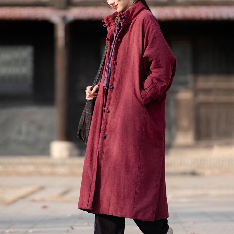 Nimara Ritual Winter Solid Frog-Button Ramie Cotton Women's Long Sleeve Thermal Coat With Pockets