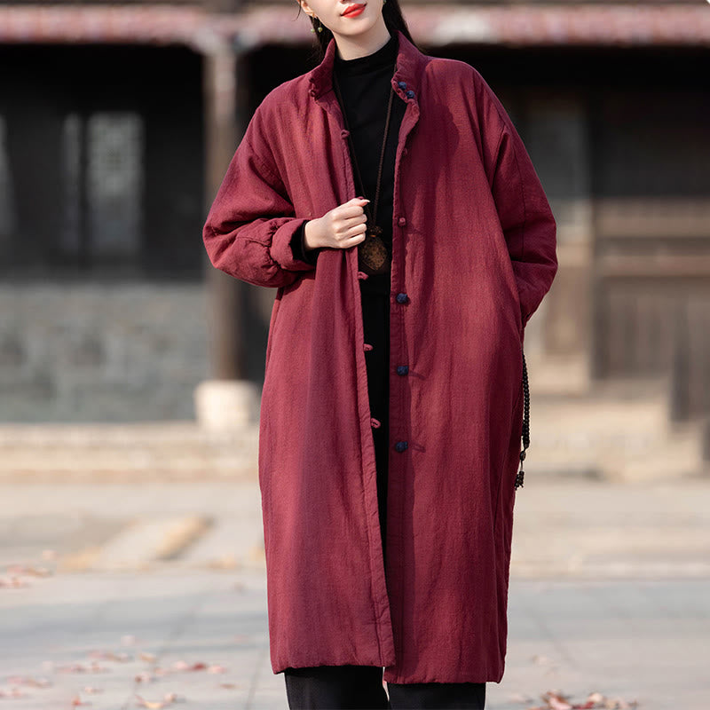 Nimara Ritual Winter Solid Frog-Button Ramie Cotton Women's Long Sleeve Thermal Coat With Pockets