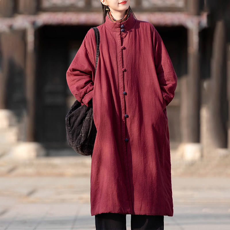 Nimara Ritual Winter Solid Frog-Button Ramie Cotton Women's Long Sleeve Thermal Coat With Pockets