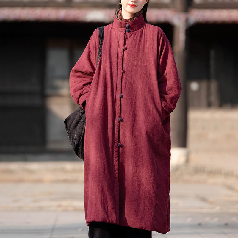 Nimara Ritual Winter Solid Frog-Button Ramie Cotton Women's Long Sleeve Thermal Coat With Pockets