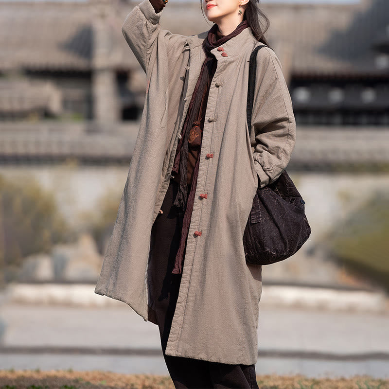 Nimara Ritual Winter Solid Frog-Button Ramie Cotton Women's Long Sleeve Thermal Coat With Pockets