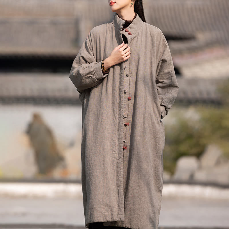 Nimara Ritual Winter Solid Frog-Button Ramie Cotton Women's Long Sleeve Thermal Coat With Pockets