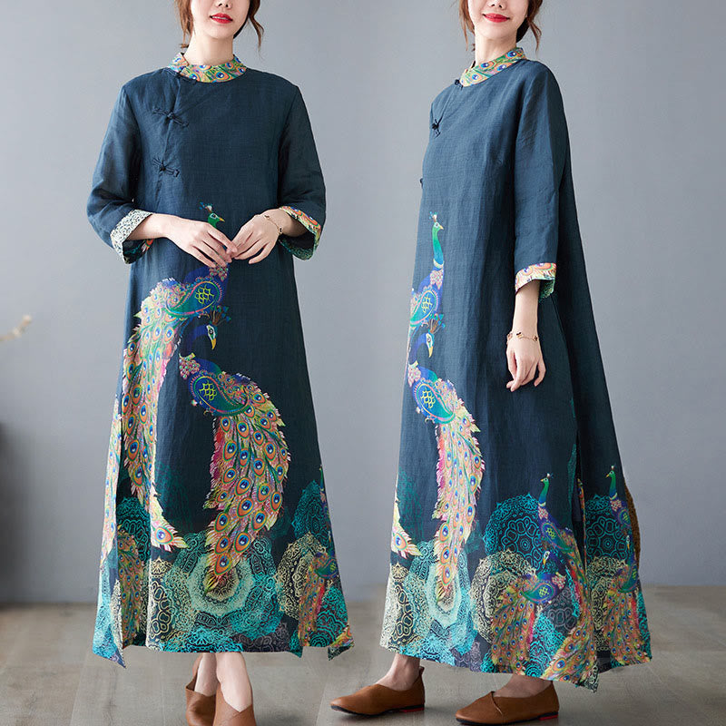 Nimara Ritual Fall Colorful Peacocks Mandala Frog-Button Three Quarter Sleeve Cotton Women's Midi Dress