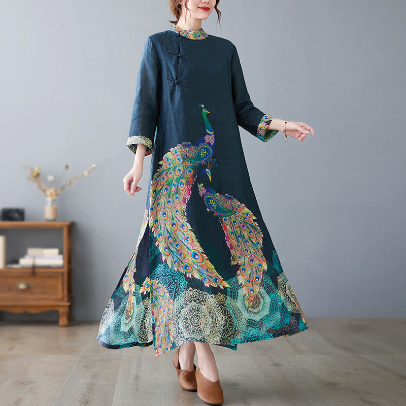 Nimara Ritual Fall Colorful Peacocks Mandala Frog-Button Three Quarter Sleeve Cotton Women's Midi Dress