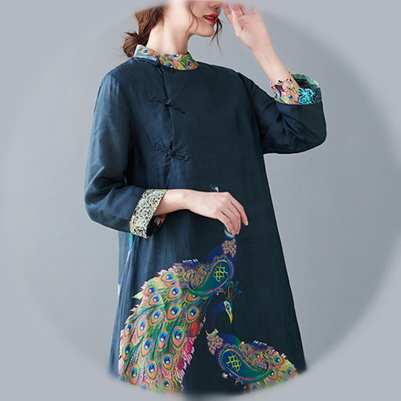 Nimara Ritual Fall Colorful Peacocks Mandala Frog-Button Three Quarter Sleeve Cotton Women's Midi Dress