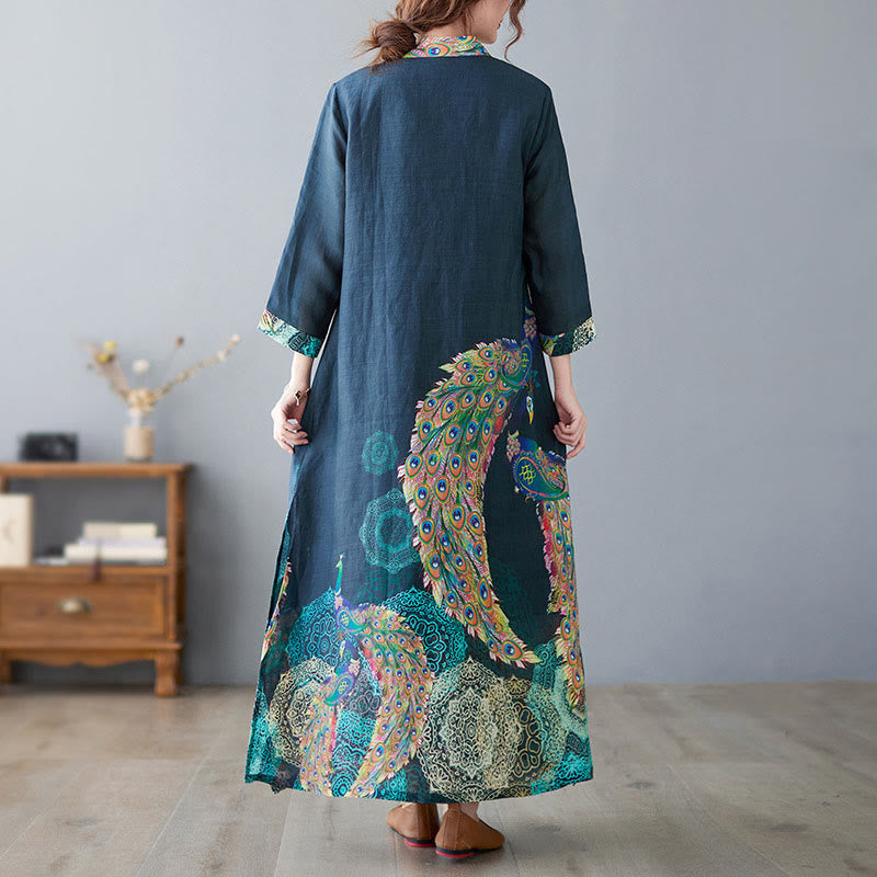 Nimara Ritual Fall Colorful Peacocks Mandala Frog-Button Three Quarter Sleeve Cotton Women's Midi Dress