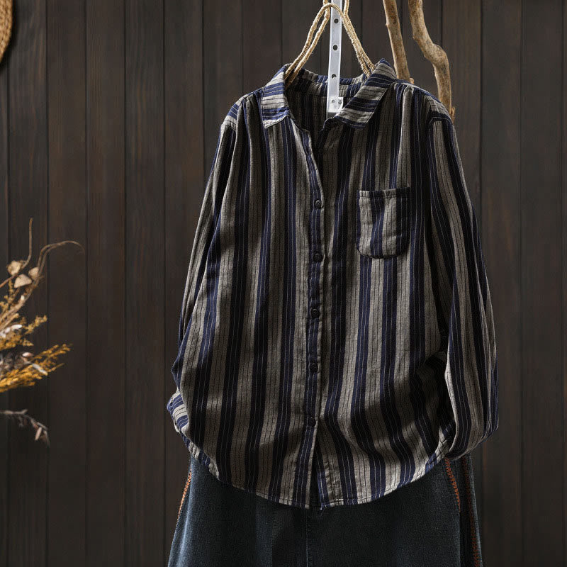 Nimara Ritual Fall Vertical Stripes Button Down Stand Collar Long Sleeve Women's Cotton Shirt