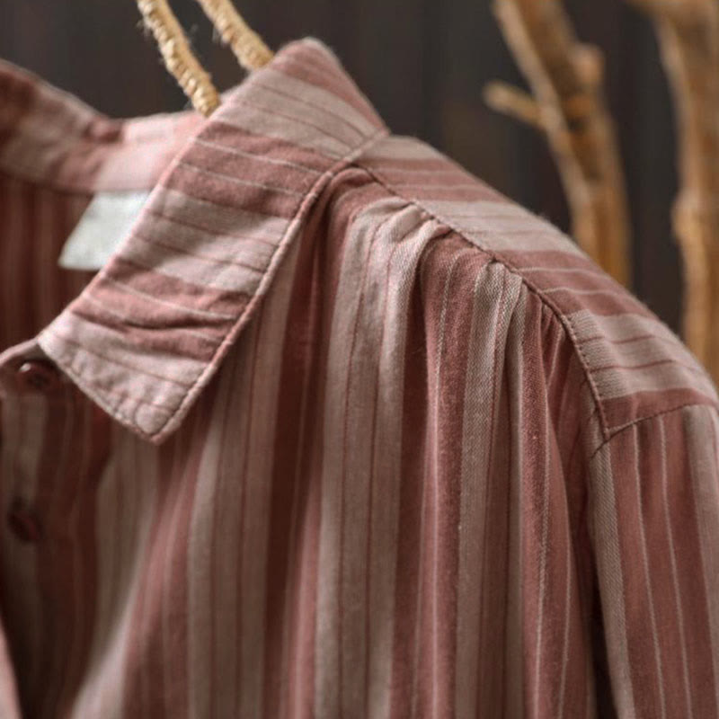 Nimara Ritual Fall Vertical Stripes Button Down Stand Collar Long Sleeve Women's Cotton Shirt