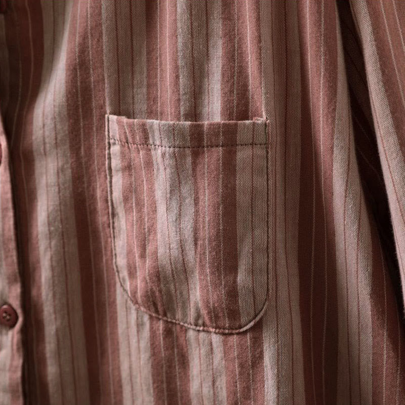 Nimara Ritual Fall Vertical Stripes Button Down Stand Collar Long Sleeve Women's Cotton Shirt