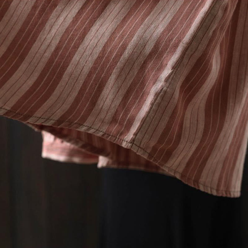 Nimara Ritual Fall Vertical Stripes Button Down Stand Collar Long Sleeve Women's Cotton Shirt