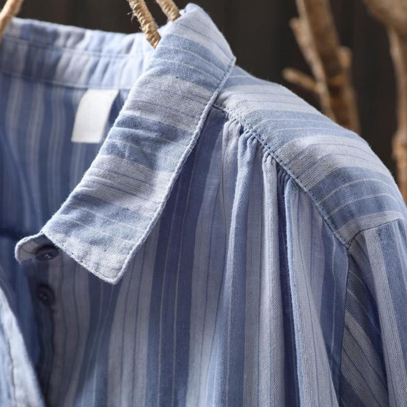 Nimara Ritual Fall Vertical Stripes Button Down Stand Collar Long Sleeve Women's Cotton Shirt